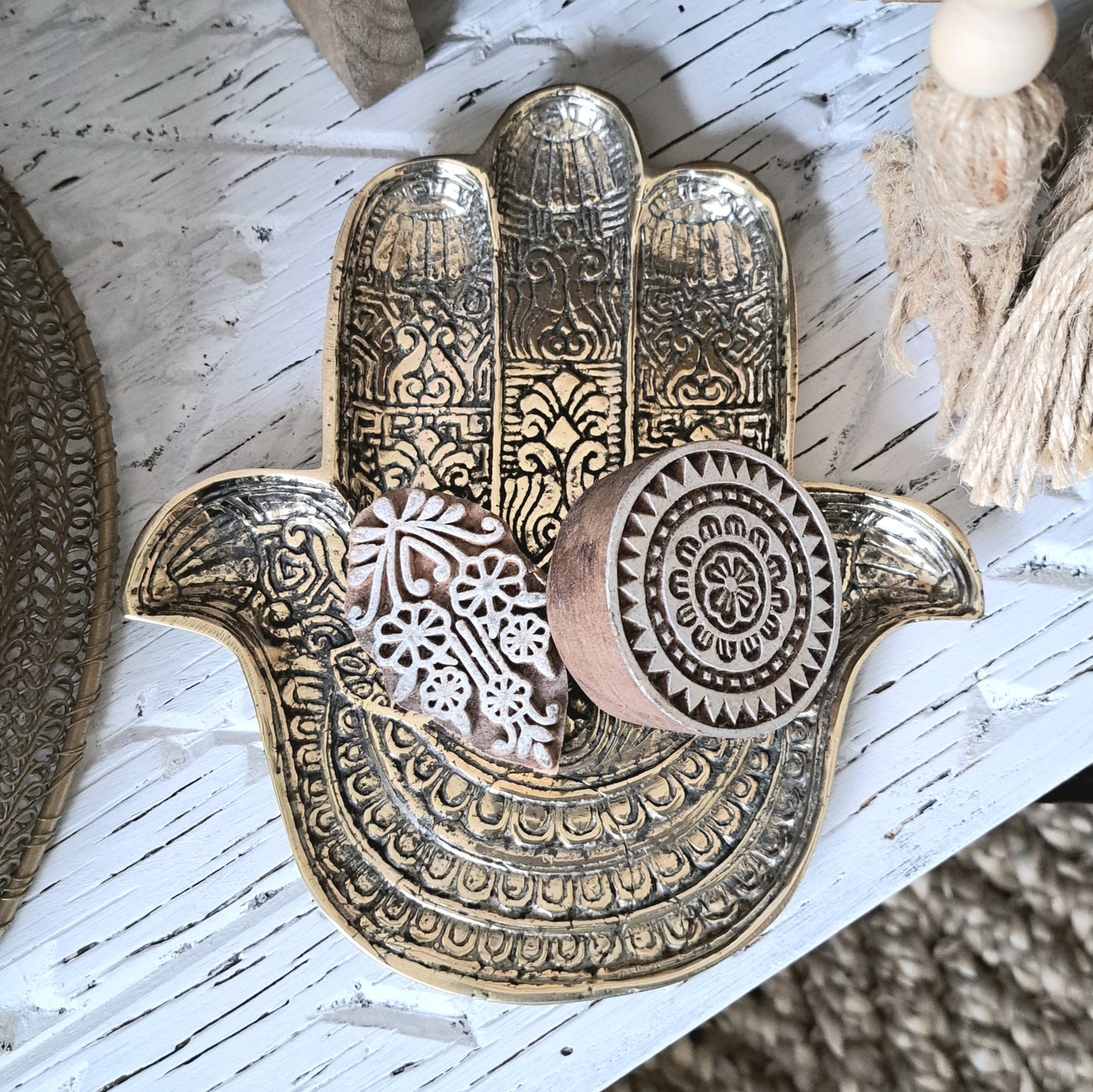 Hamsa Hand Shaped Brass Trinket Tray with Mandala Design Hygge Home Decor Australia