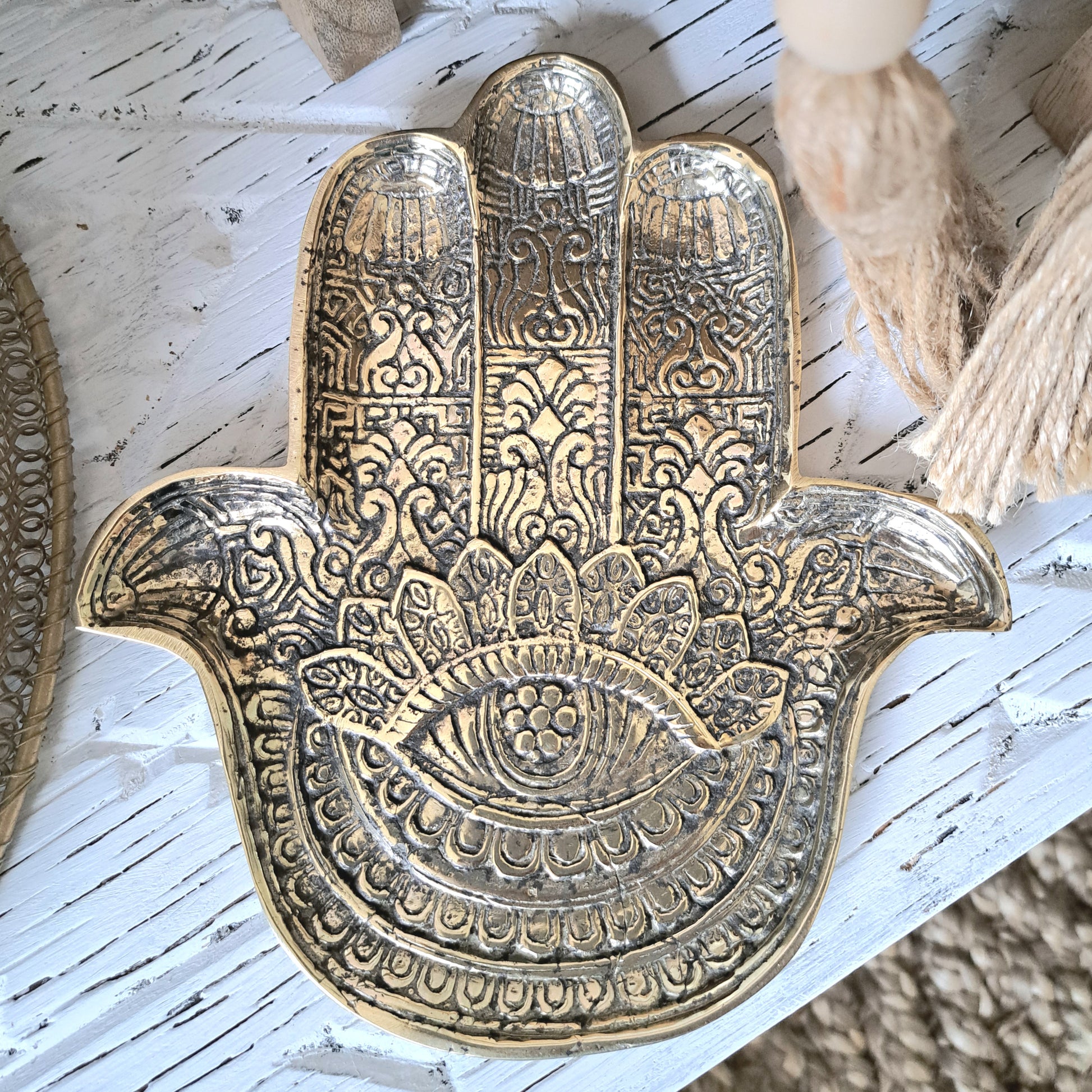 Hamsa Hand Shaped Brass Trinket Tray with Mandala Design Hygge Home Decor Australia