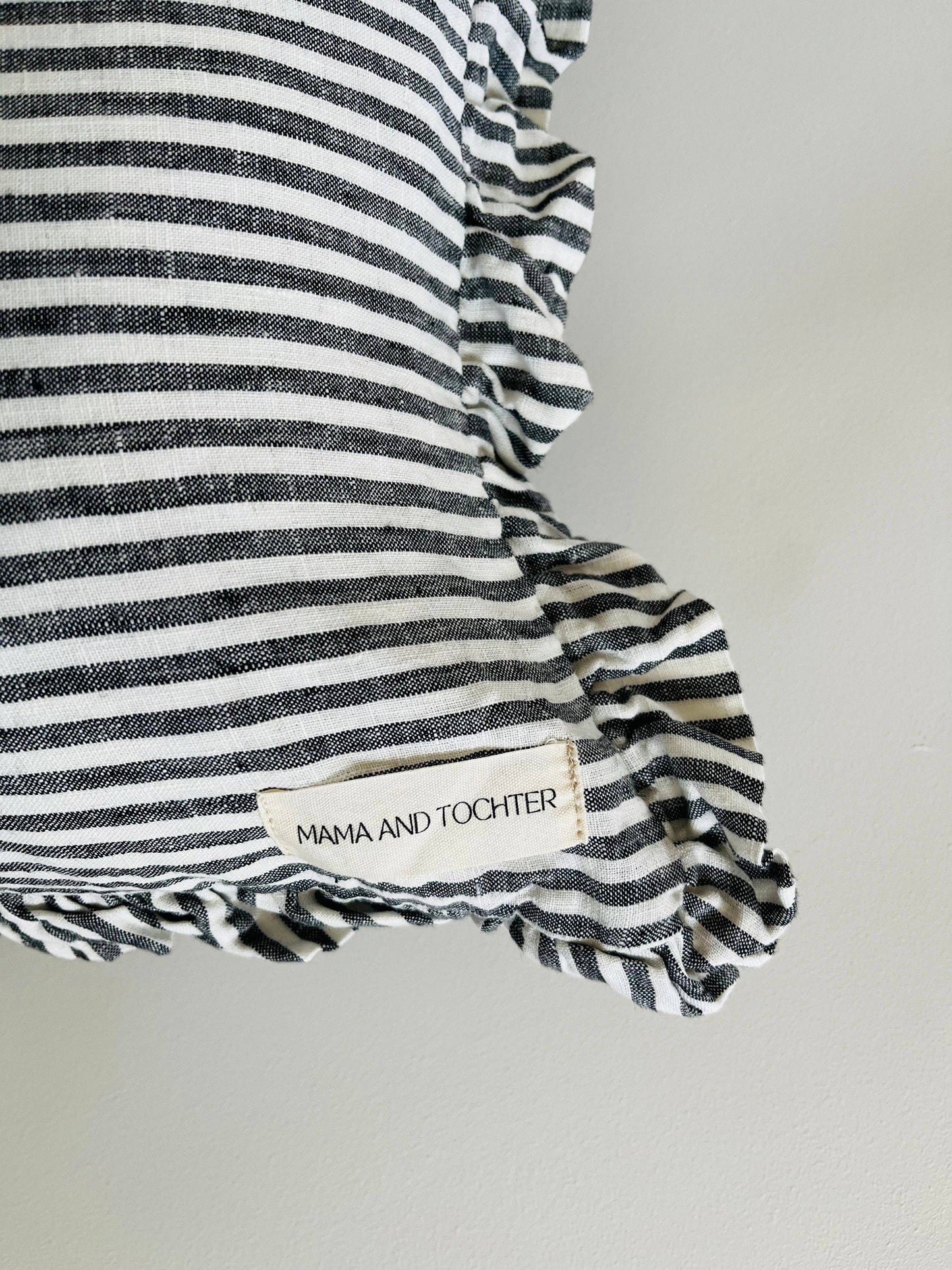 Pure French Linen Ruffle Lumbar - Charcoal Pinstripes