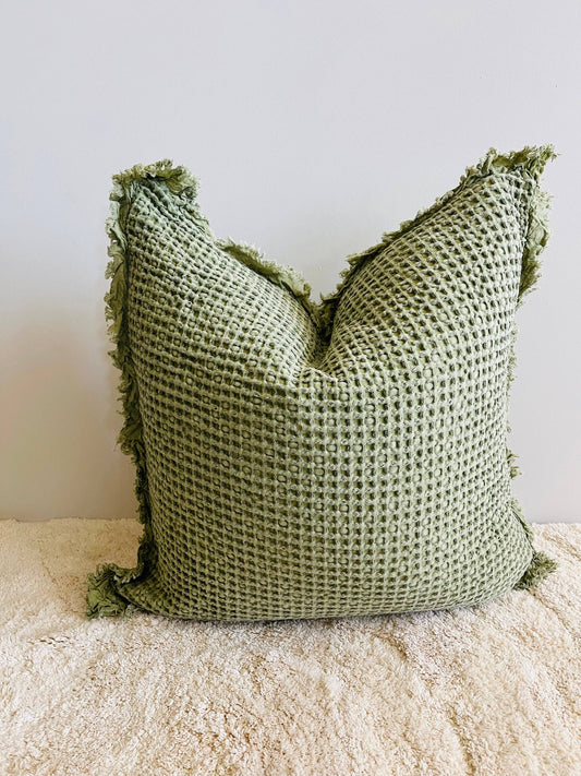 Organic Cotton Waffle Ruffle Cushion Cover - Light Olive- 2.5cm Frayed Ruffle