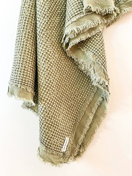 Organic Cotton Rustic Waffle Throw Blanket - Light Olive