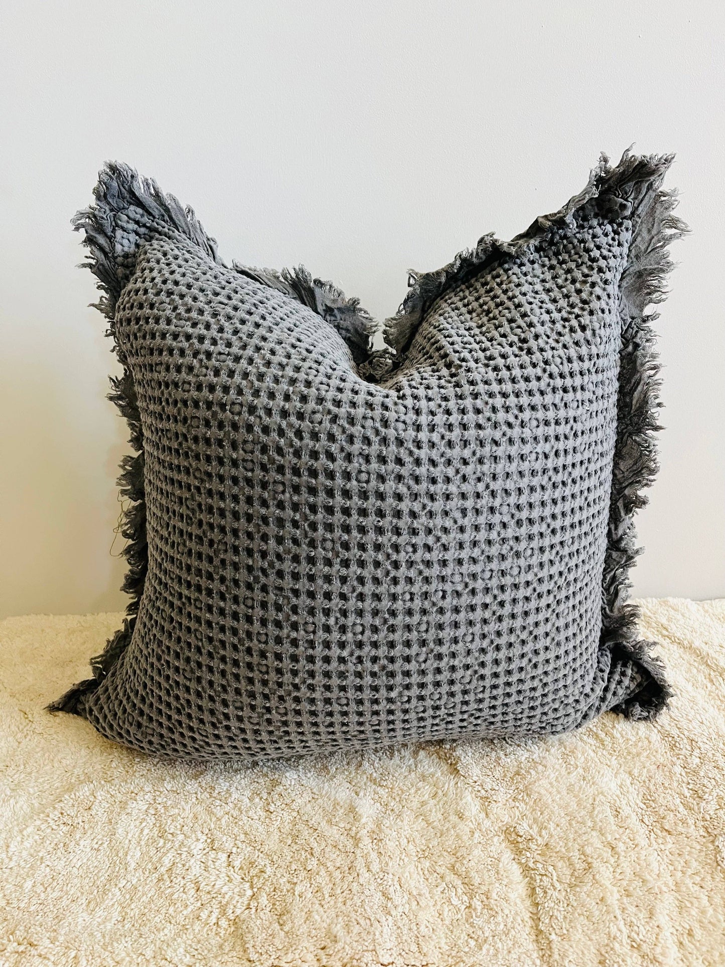 Organic Cotton Waffle Ruffle Cushion Cover - Charcoal- 2.5cm Frayed Ruffle