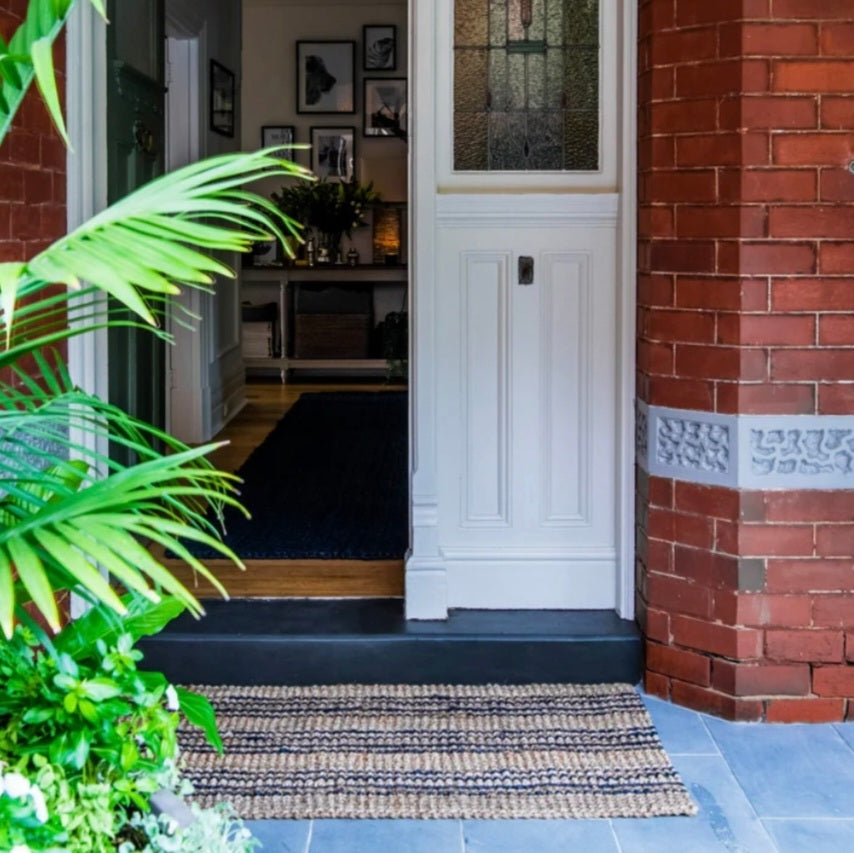 Natural Jute Oversize Door Mat with Charcoal Stripes Country Home Hygge Living