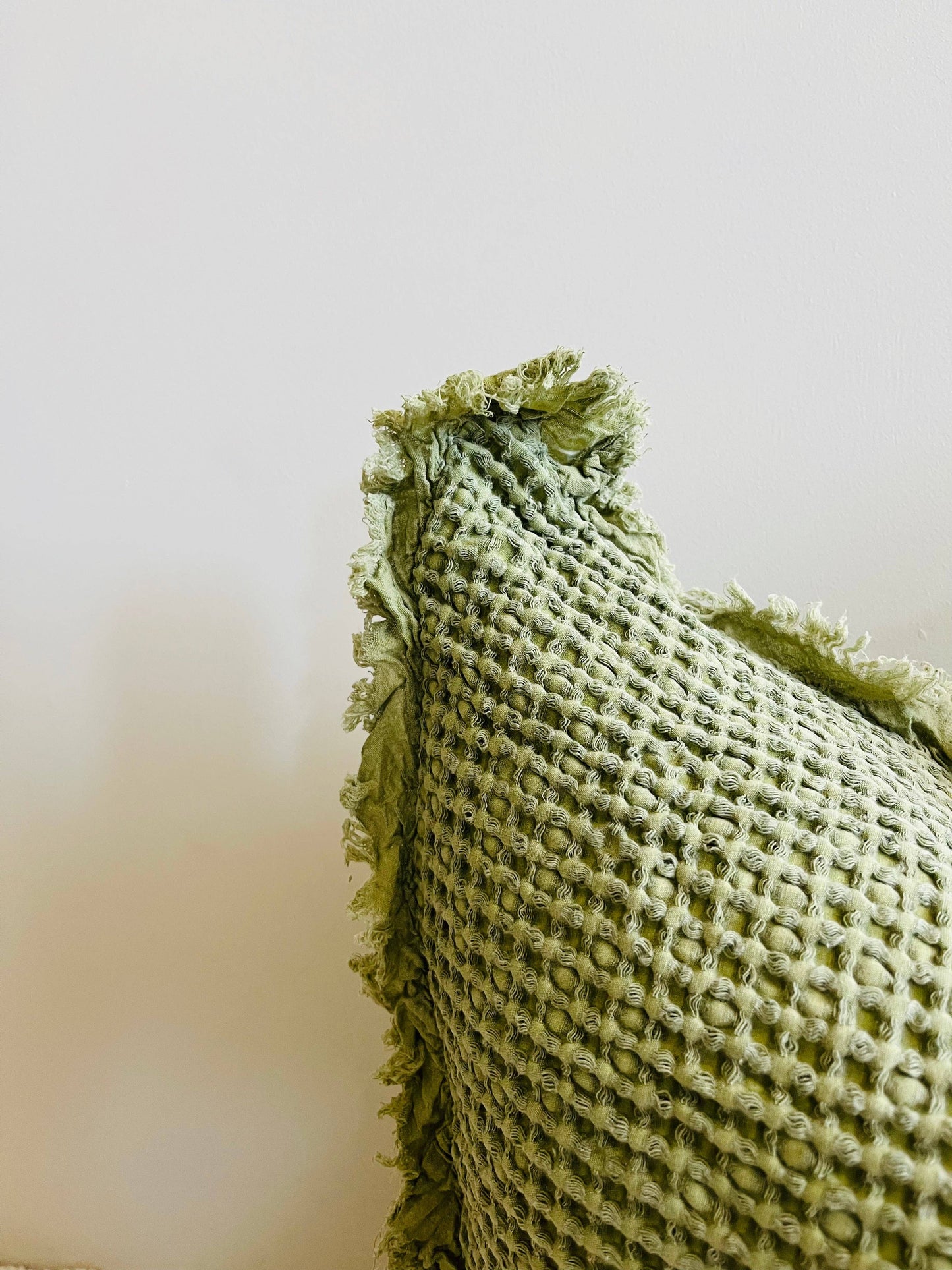 Organic Cotton Waffle Ruffle Cushion Cover - Light Olive- 2.5cm Frayed Ruffle