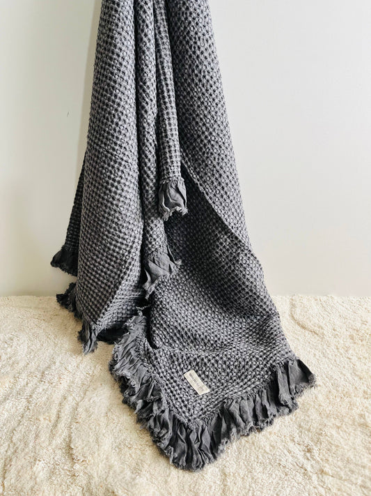 Organic Cotton Rustic Waffle Throw Blanket - Charcoal